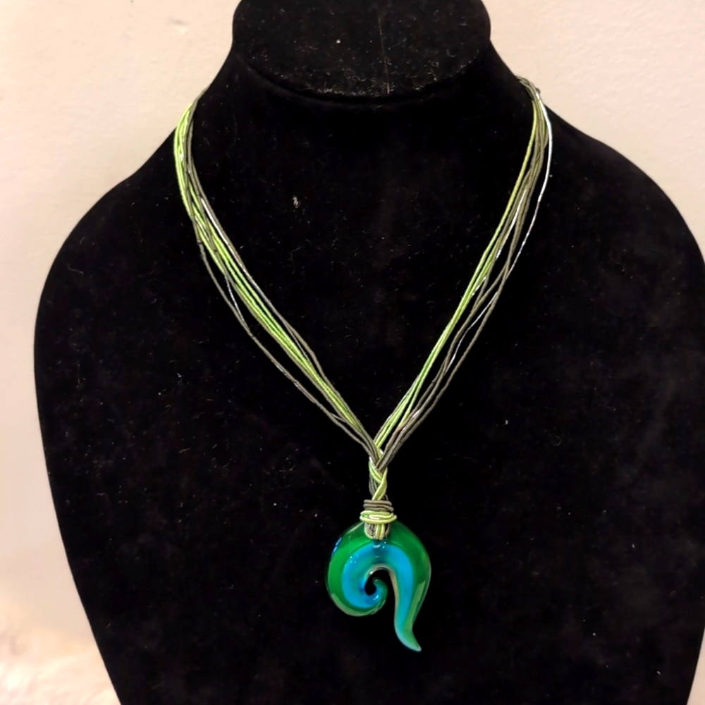 Green and Turquoise Murano Like Glass Swirl Focus Necklace